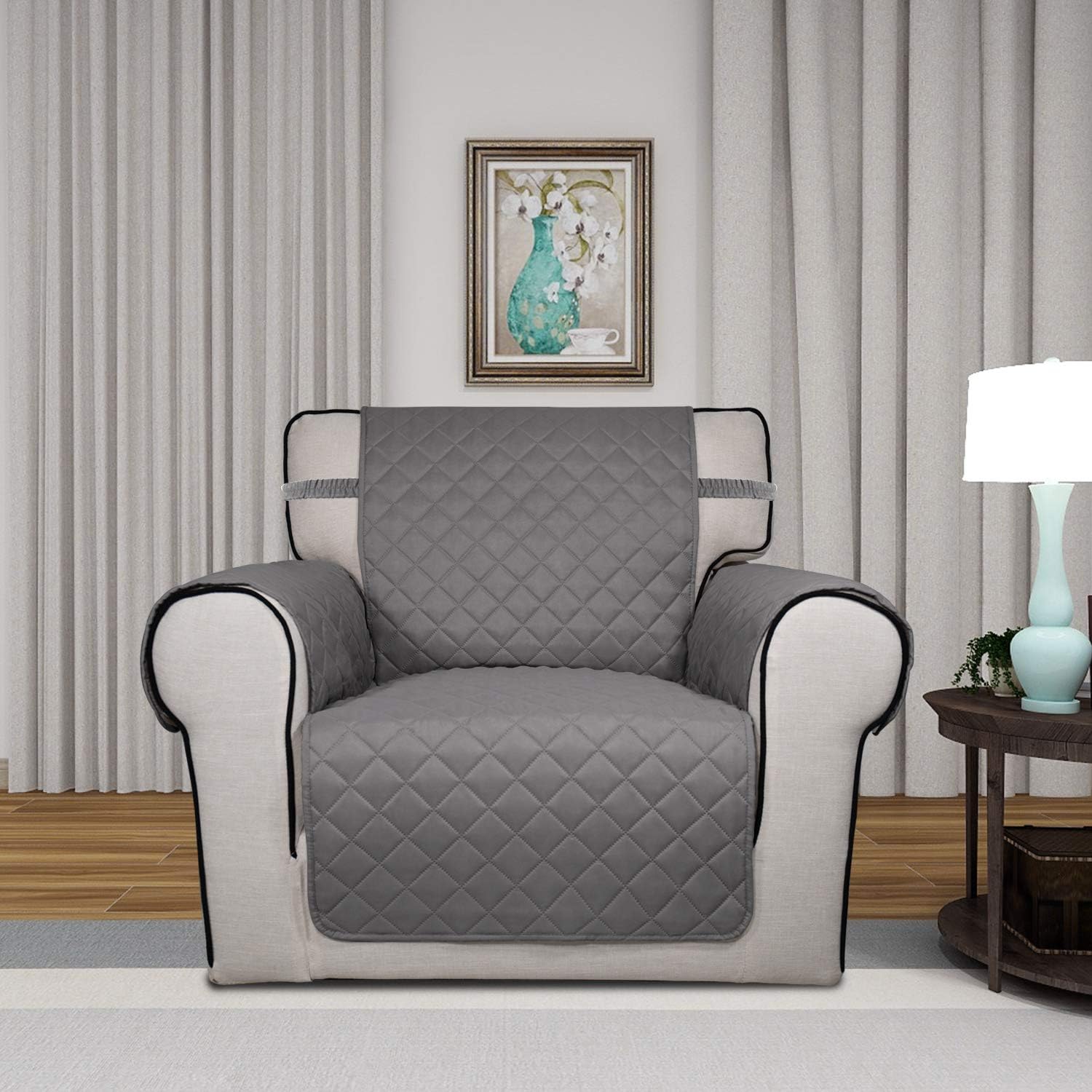 PureFit Reversible Quilted Sofa Cover, Water Resistant Slipcover Furniture Protector, Washable Couch Cover with Non Slip Foam and Elastic Straps for Kids, Dogs, Pets (Chair, Gray/LightGray): Furniture & Decor