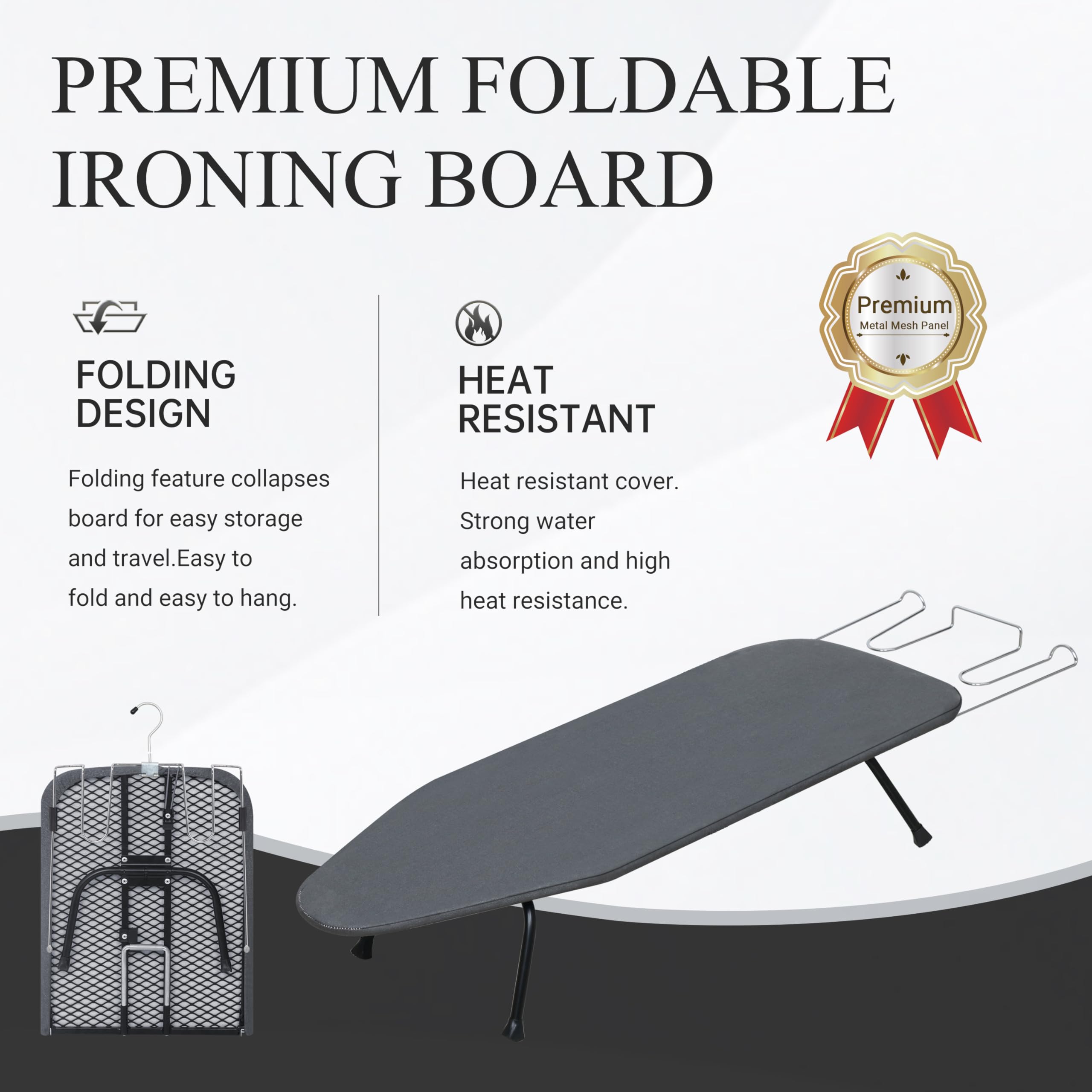 Metal Mesh Panel Tabletop Ironing Board | Foldable Iron Board | Heavy Duty Small Iron Board with Heat Resistant Cover and 100% Cotton 8mm Thicken Pad | 31.5