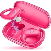 MOZOTER Wireless Earbuds Bluetooth 5.3 Headphones Sport,Over Ear Buds with Deep Bass Sound,60Hrs Playtime Earphones Redesigned Comfort Fit with Earhooks for Running,Meeting,Workout-Pink