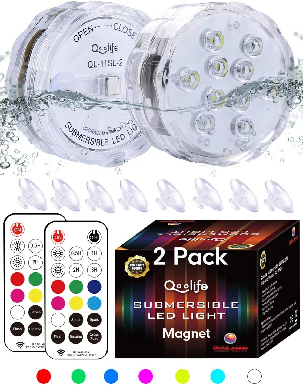 Qoolife Submersible LED Lights 3.3” Hot Tub Lights (2Pack) Garden