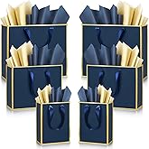 Yeaqee 12 Sets Metallic Paper Gift Bags with Handle Tissue Paper Include 8", 10", 13" Thank You 5 Senses Gift Bags for Him Her Birthday Wedding Groomsmen Bridesmaid Anniversary Favor(Navy Blue, Gold)