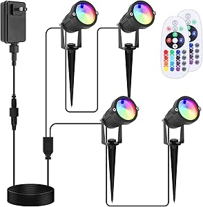 VOLISUN Landscape Lights 3W RGB Remote Control LED Landscape Lighting with 12V Low Voltage Transformer Waterproof 16 Color-Changing Garden Pathway Decorative Lights for Indoors Outdoors (4 Pack)