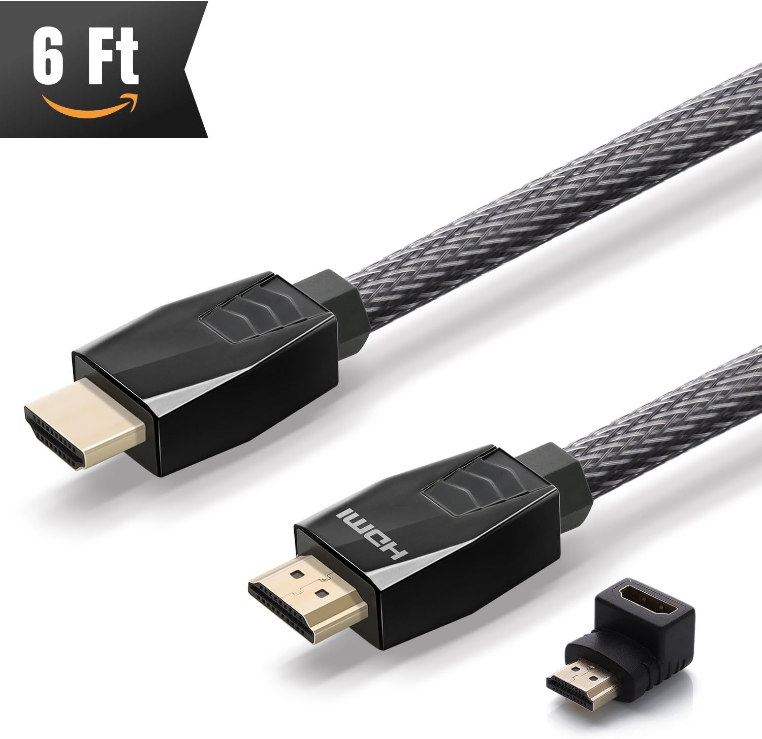 HDMI Cable 6 ft (The Highest Speed) 4K HDMI 2.0 Cord, Nylon Braided Cable 18Gbs Support Ethernet, ARC, UHD, 3D, HDR for 4K/HD TVs, PS4/3, Xbox one, PC, Displays and More + Right Angle Adapter