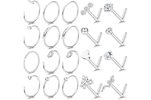 UBGICIG 20 Pcs 20G Nose Rings Hoop Studs Sets for Women 316L Surgical Stainless Steel Screw Silver Gold Black Hypoallergenic Nostril Piercing Jewelry