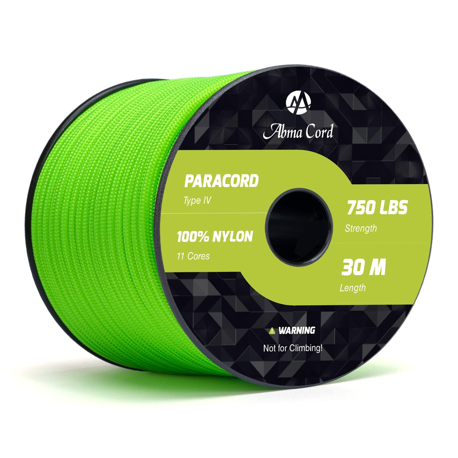 Abma Cord 4mm Paracord 750lb 30M 100% Nylon Rope 11 Strands Type IV Military Grade Parachute Cord for DIY, Camping, Survival, Outdoor - Max. 340kg - Neon Green