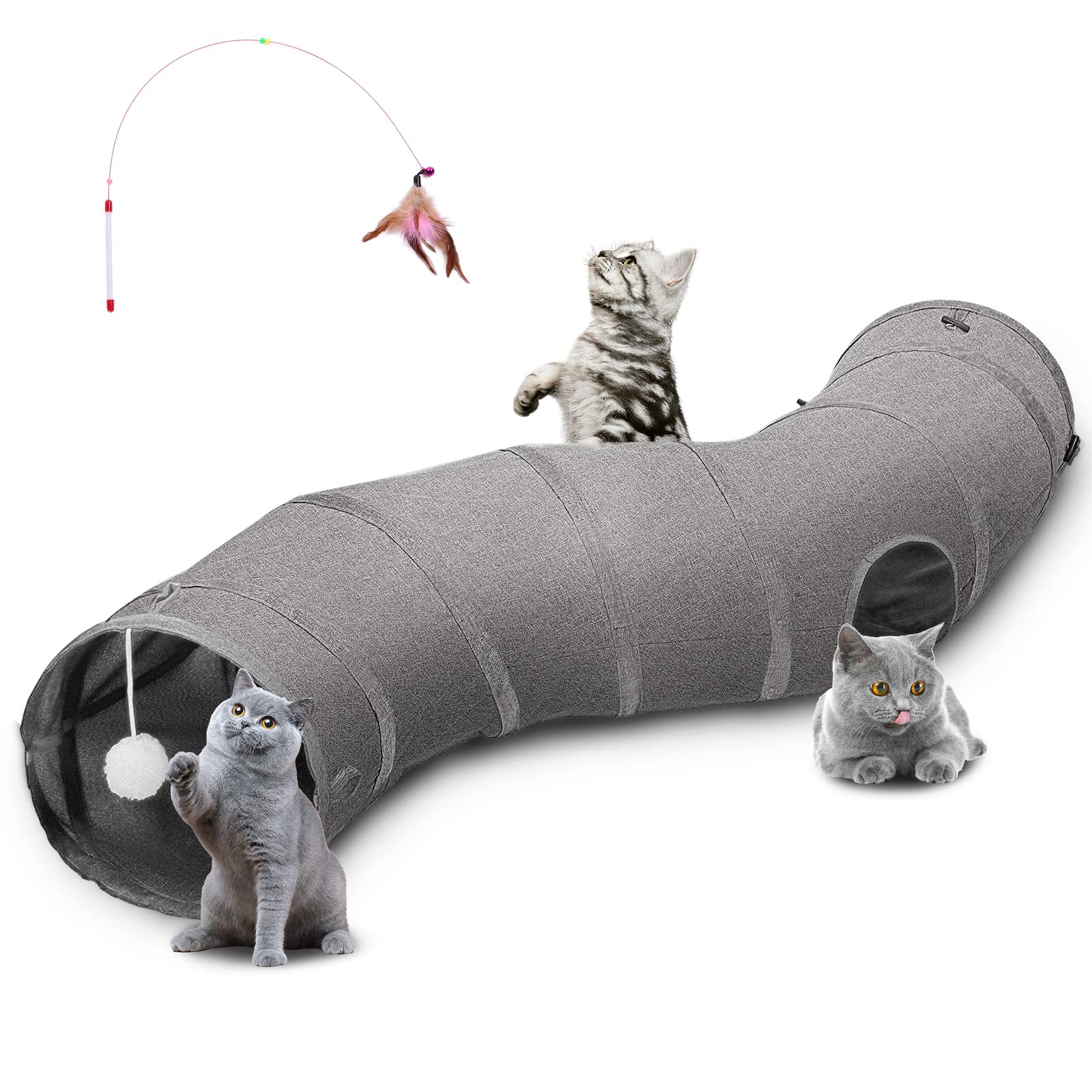 Ownpets Cat Tunnel S-Shape with Hanging Balls, 2 Way Collapsible Small Animal Play Tubes Kitty Tunnels for Indoor Kittens&Small Animals, 25x120cm