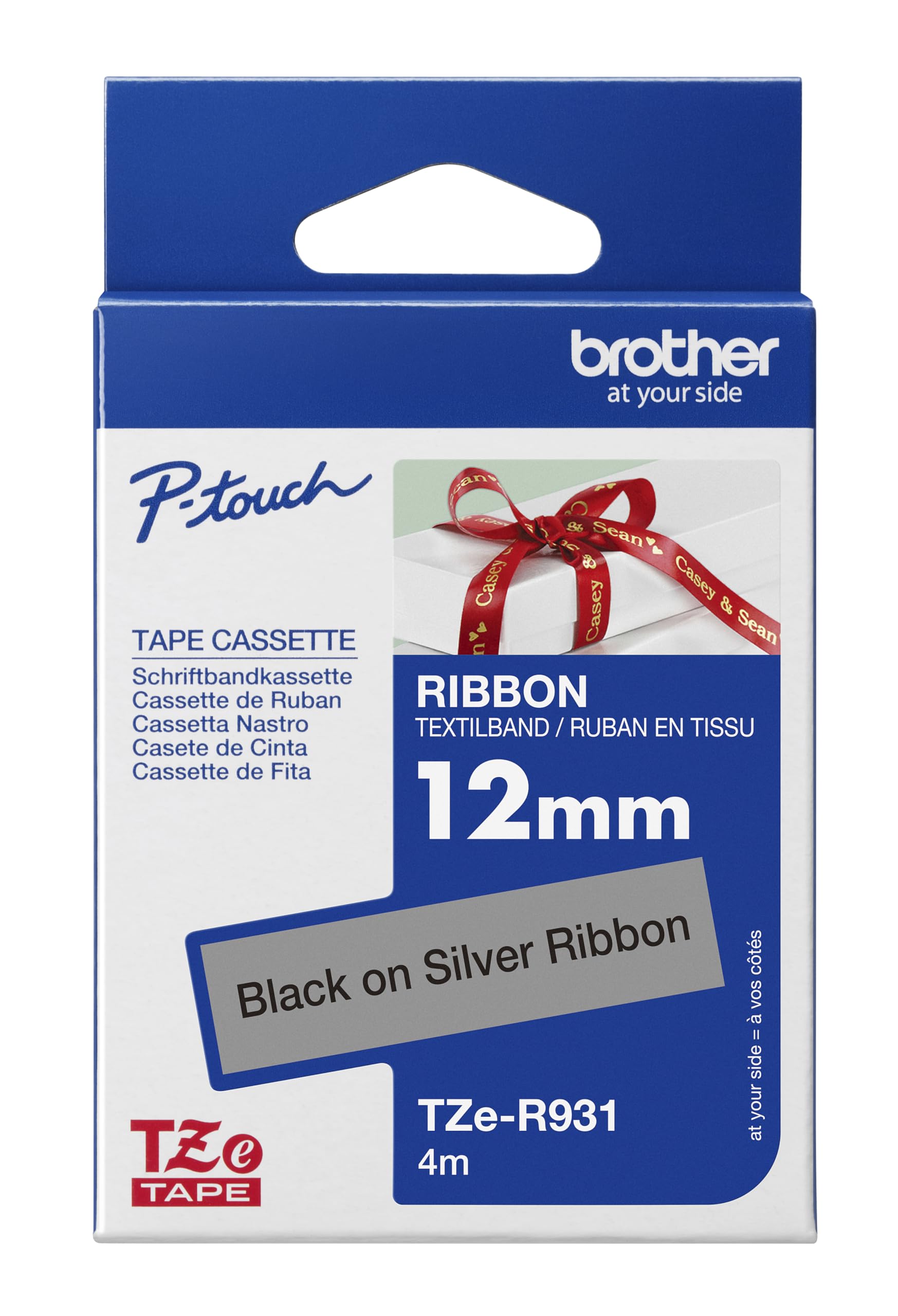 Brother TZe-R931 Labelling Tape Cassette, Black on Silver, 12 mm (W) x 4M (L), Ribbon Tape, Brother Genuine Supplies