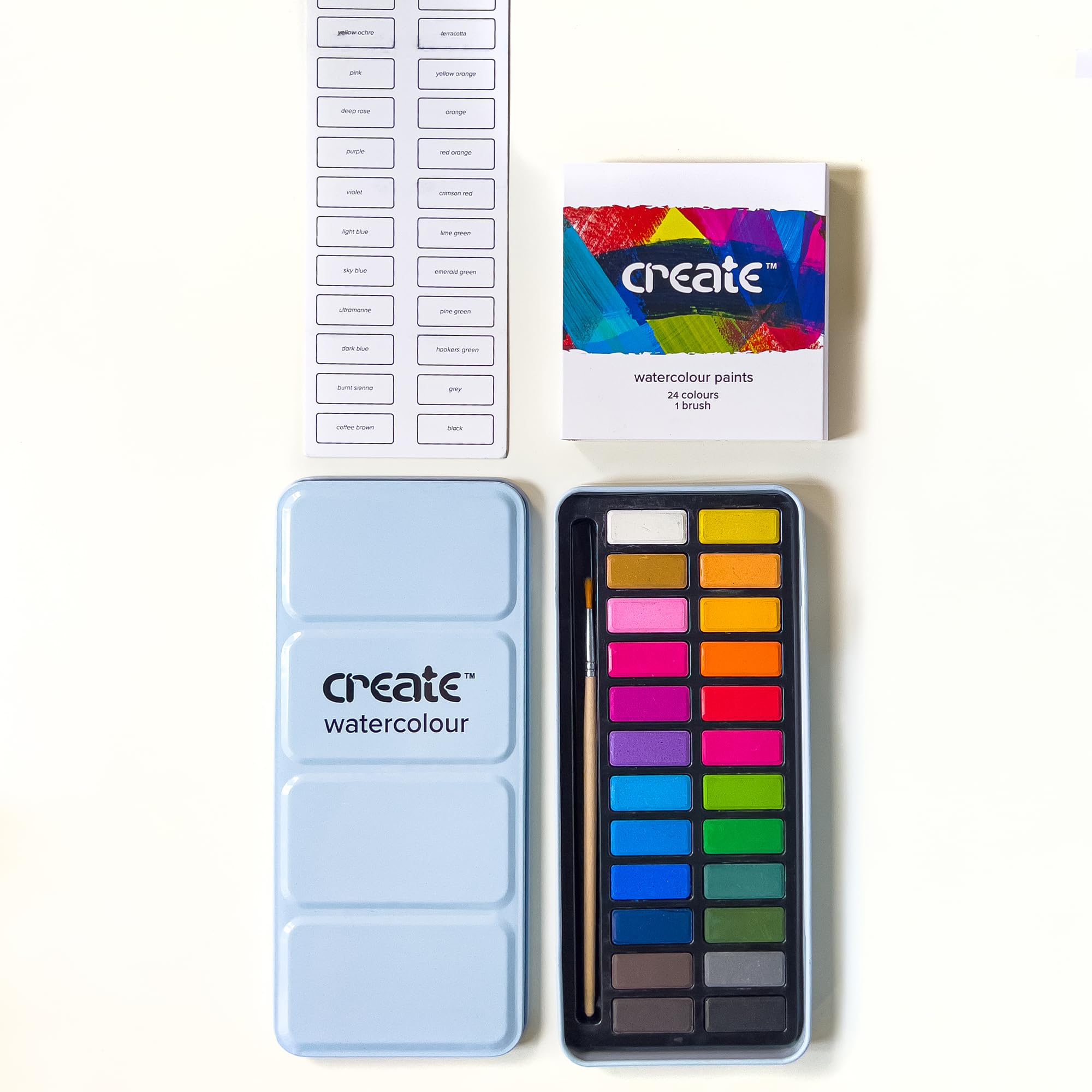 Create Light Blue 24 Watercolours Tin with Brush – Highly Pigmented & Fast Drying Travel Watercolour Paint Set for Mixing & Shading –Paint Kit for Indoor & Outdoor