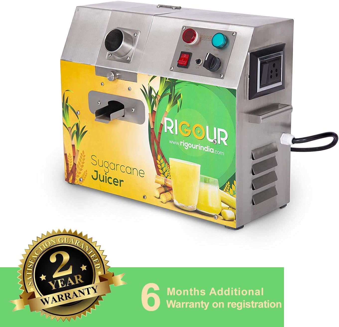 RIGOUR® Sugarcane Juice Machine SS-304 Full Metal Body-Single Phase Power Input, 400 Watt (Electric Motor Capacity - 0.5 HP)