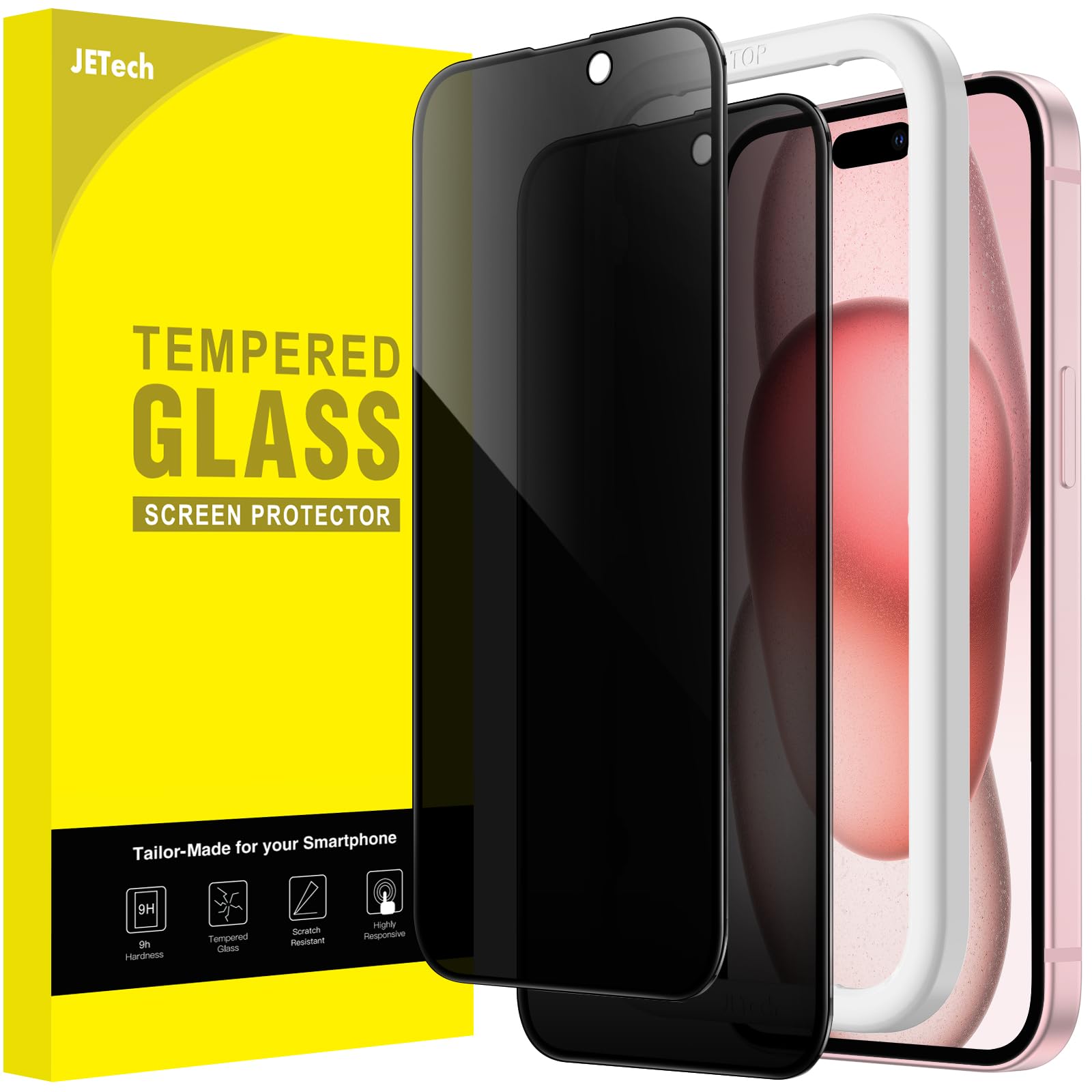 Photo 1 of JETech Privacy Full Coverage Screen Protector for iPhone 15 6.1-Inch, Black Edge Anti-Spy Tempered Glass Film with Easy Installation Tool, Case-Friendly, 2-Pack
