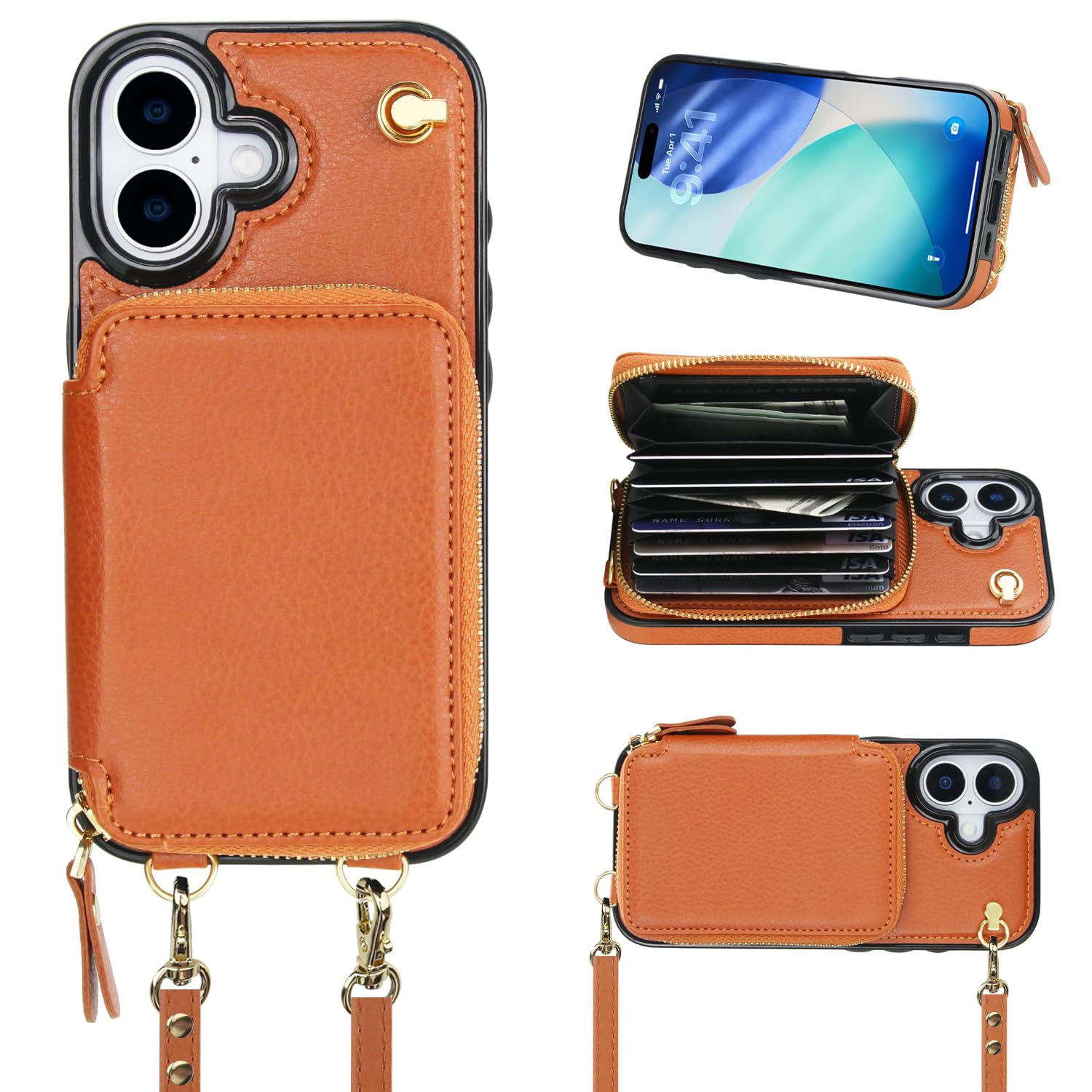 Bocasal Crossbody Wallet Case for iPhone 17, RFID Blocking Leather Purse Case with Card Holder, Protective Handbag Flip Cover with Zipper Wrist Strap Lanyard for Women 5G 6.3 Inch (Brown)