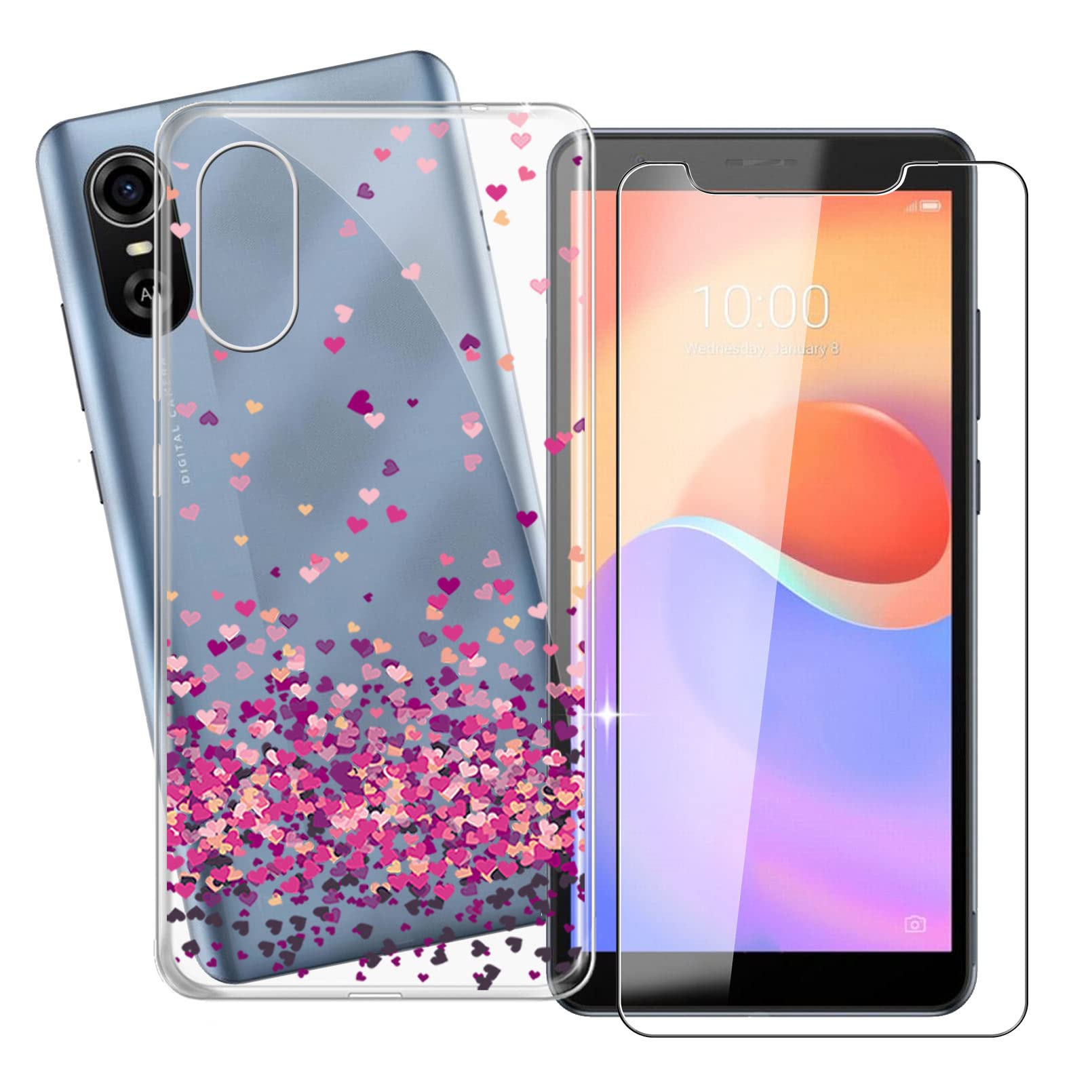 KJYF Protective Case Transparent Bumper TPU Cover + Tempered Glass Screen Protector for ZTE Blade A31 Plus (6.00 Inch), Film Tempered Glass Film + Silicone Shell Mobile Phone Case - Red Heart