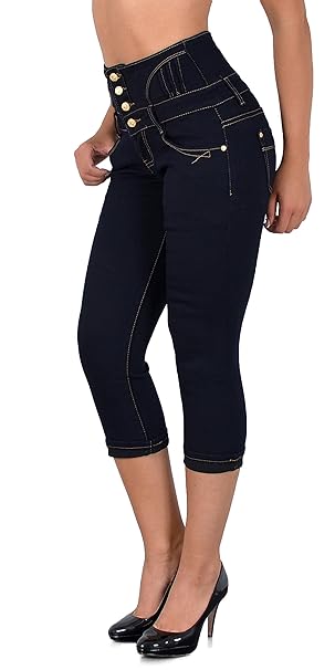 ESRA Damen Capri Hose Hochbund Caprihose Kurze Jeans High Waist bis Übergröße J353