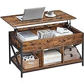 VASAGLE Lift Top Coffee Table with Storage Shelf, 3 Compartments | Coffee Table for Living Room, Adjustable Height, 19.7 x 39.4 x (19.3-24.4) Inches, Rustic Brown and Black ULCT202B01