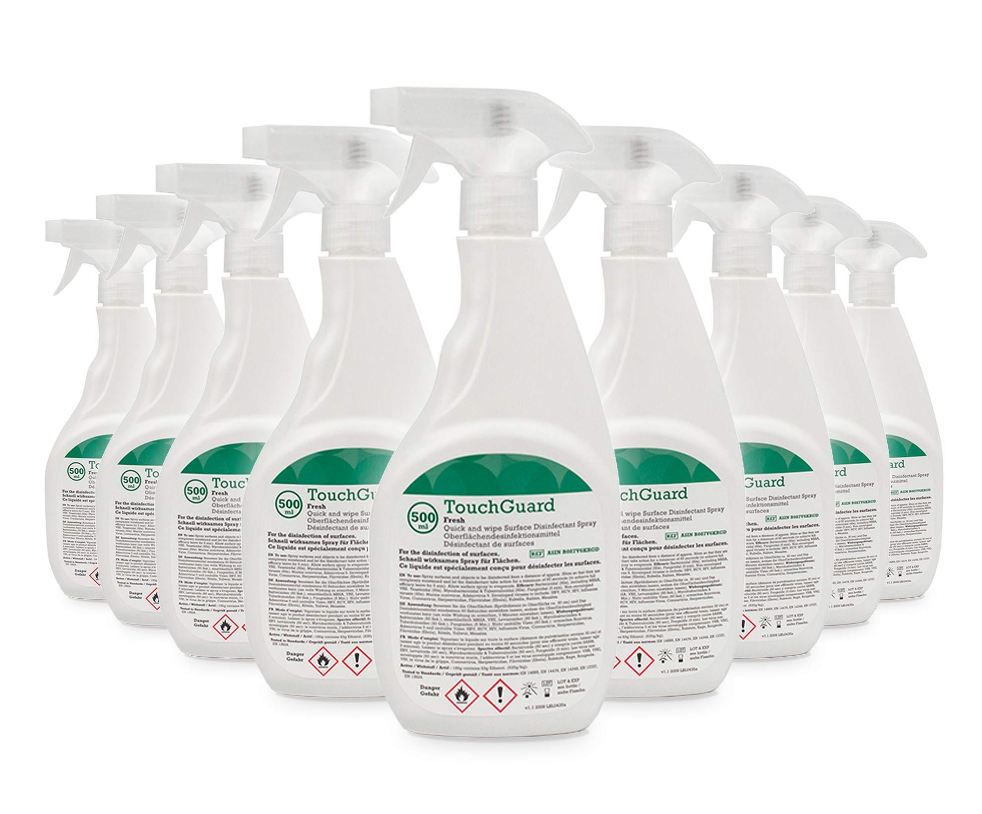 TouchGuard Fresh, Surface Disinfectant Spray, Multipack of 10 x 500ml - Made in UK