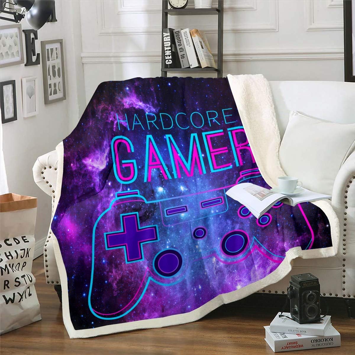 Gamepad Plush Throw Blanket for Girls Boys Kids Sofa Couch Bedroom Decor Gamer Fleece Blanket Video Game Sherpa Blanket Modern Game Controller Purple Galaxy Fuzzy Blanket Single 50"x60"