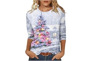 HNODOV Merry Christmas 3/4 Sleeve Tops for Women Cute Xmas Tree Tshirts Plus Size Crew Neck Blouse Soft Holiday Pullover Tees