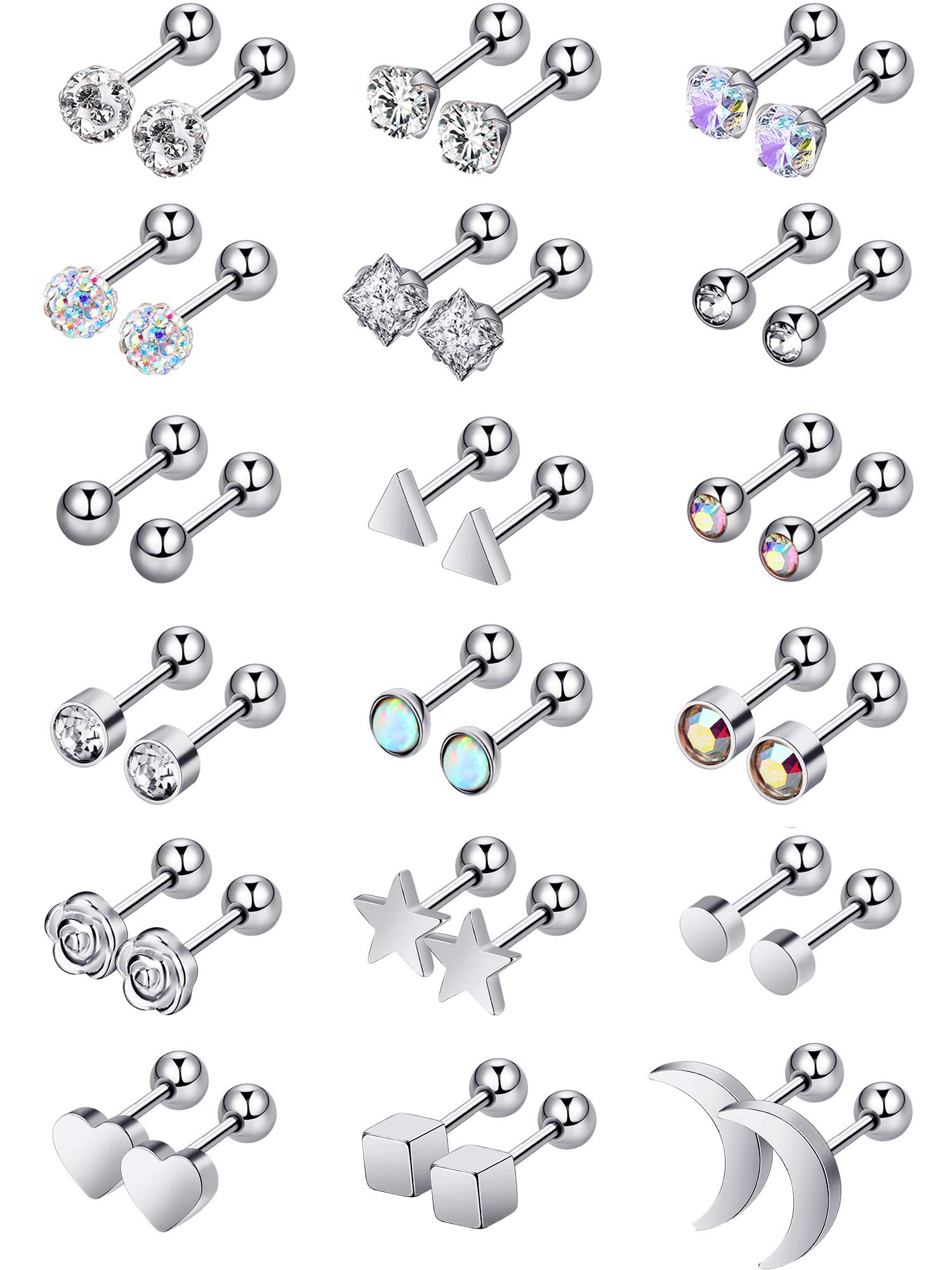 18 Pairs Stainless Steel Stud Earrings Ear Studs Solid Rhinestone Stainless Steel Earrings Screw Back Stud Earrings for Women Men