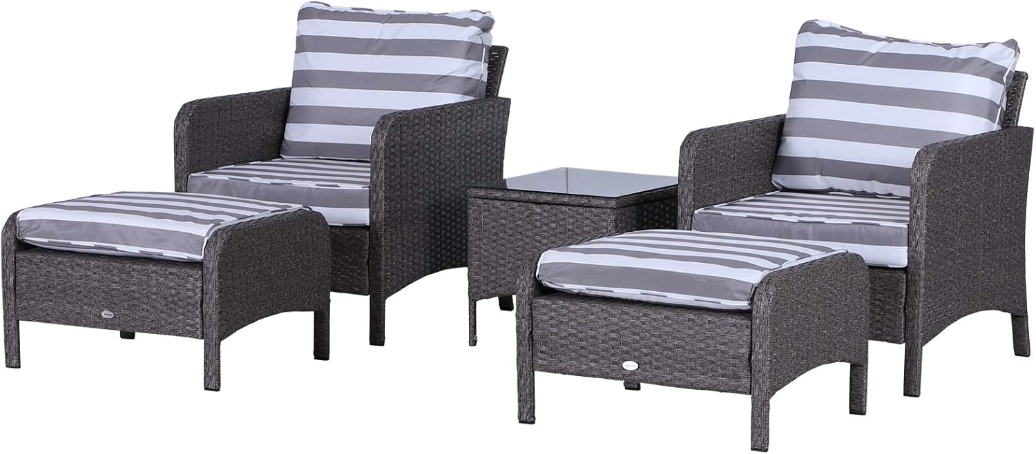 Outsunny 5 Pcs PE Rattan Garden Furniture Set, 2 Armchairs 2 Stools