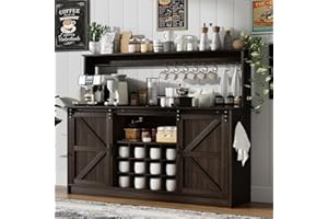 4ever2buy Farmhouse Coffee Bar Cabinet with 8 Hooks, 55” Kitchen Hutch Cabinet with Storage, Gray Coffee Bar with Sliding Barn Doors and 12 Racks for Living Dining Room, Dark Oak