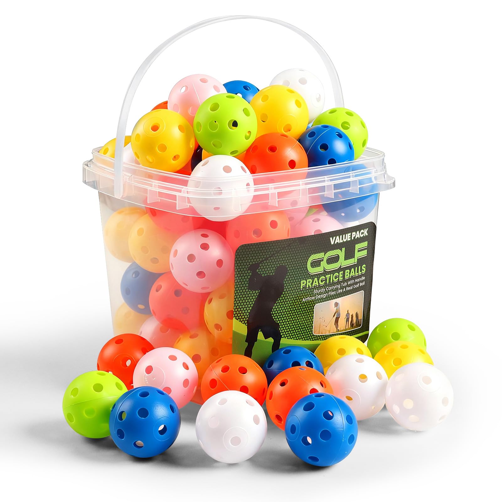 FINGER TEN Golf Balls Plastic Practice Soft Training Bright Coloured Value 50 Pack with Bucket,Golf Balls Exercise Durable Lightweight Indoor Outdoor for Men Women Garden Home (Mixed Color)