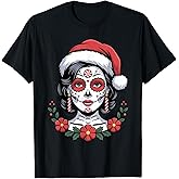Christmas Sugar Skull Art Woman Santa Hat Festive Design T-Shirt