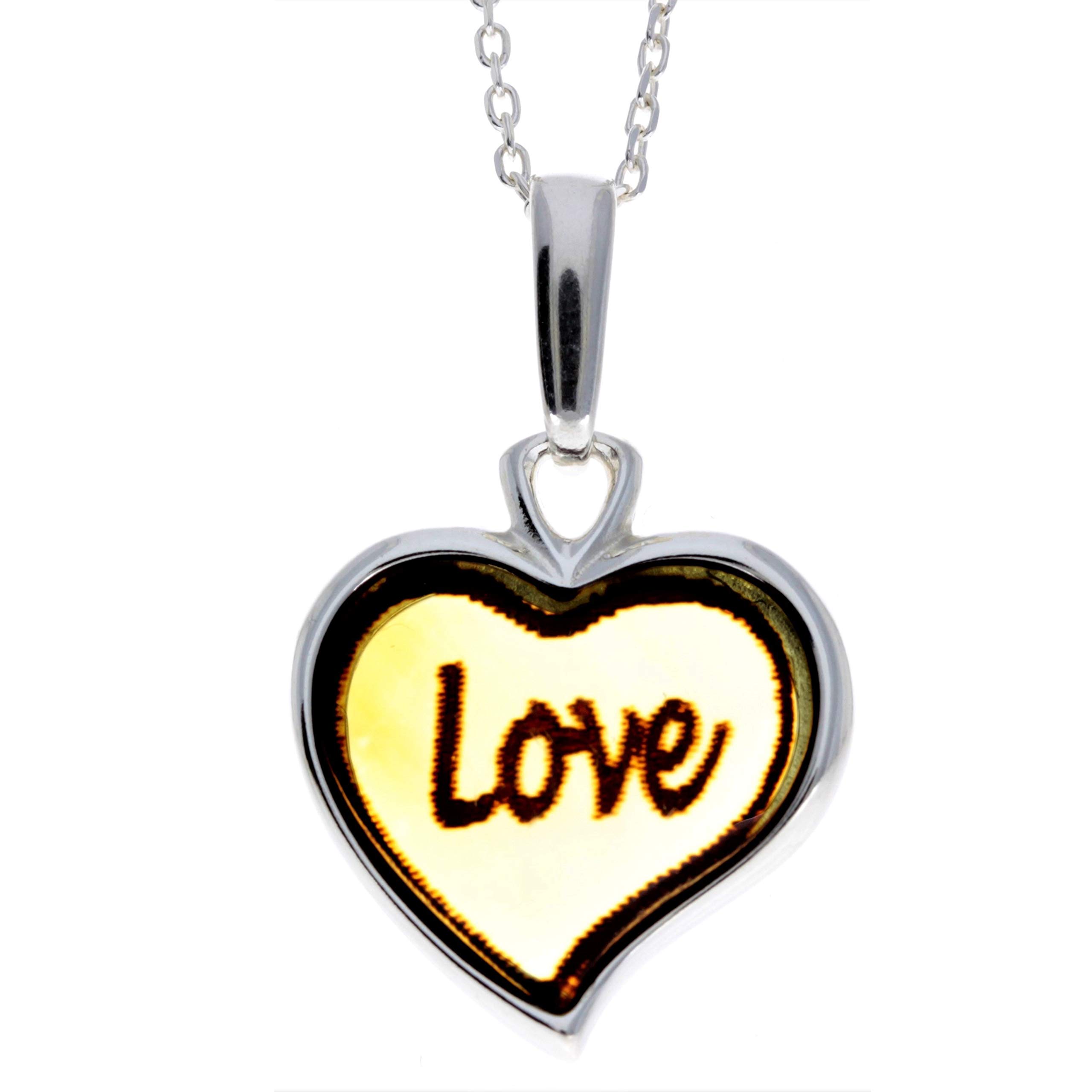 Classic Genuine Heart Love Engraved Baltic Amber & Sterling Silver Pendant without Chain - AF205L โ image 1
