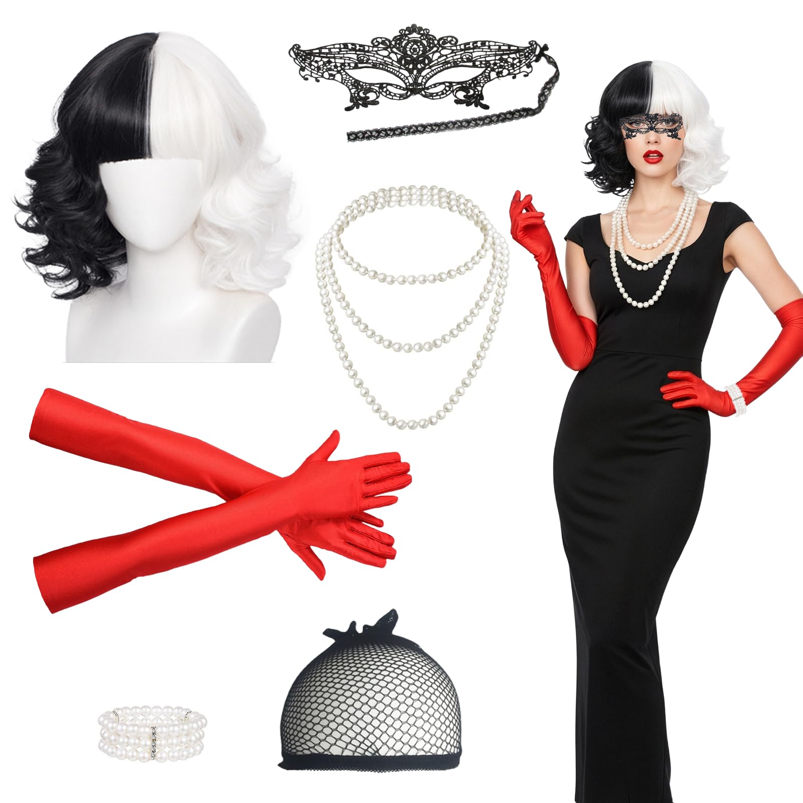 YAEGIMHT Deville Costume Accessories Women, with Black&White Wig Red Gloves Lace Mask Pearl Necklace Bracelet Cane, Halloween Costume Adult for Cosplay Carnival World Book Day Costume Girls Women