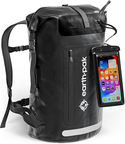 Earth Pak 35L Waterproof Backpack Roll-Top Closure Front Pocket Black