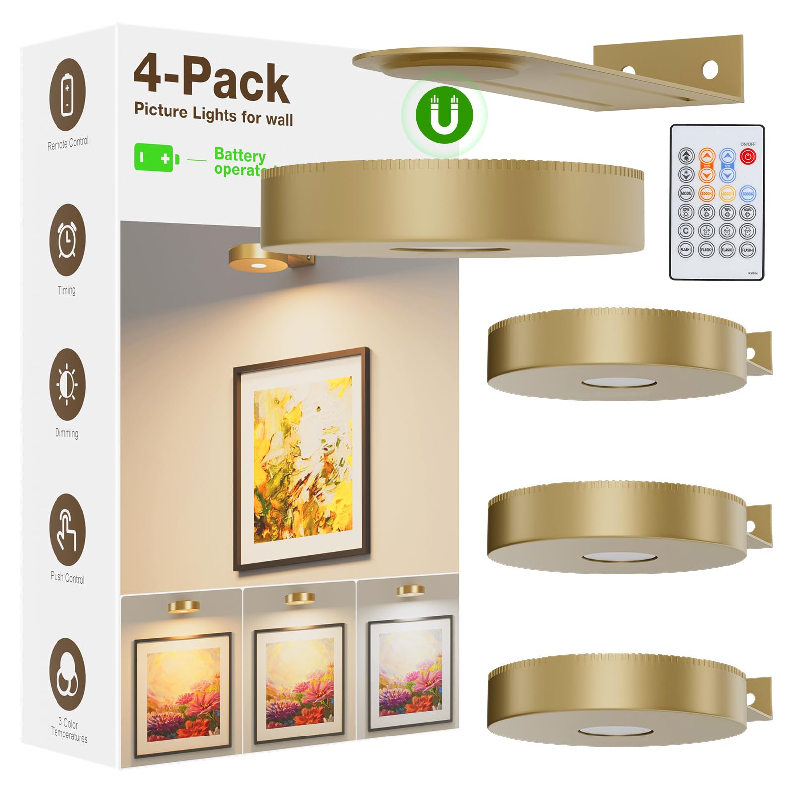 Photo 1 of Picture Lights for Wall Battery Operated,4-Pack Magnetic Battery Operated Picture Light,Dimmable Timer Wall Lights for Pictures on Wall,Art Light for Picture Frame,Gallery,Portrait,Puck Lights, Gold