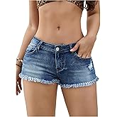 WDIRARA Women's Low Rise Ripped Denim Shorts Distressed Raw Hem Stretchy Jean Shorts