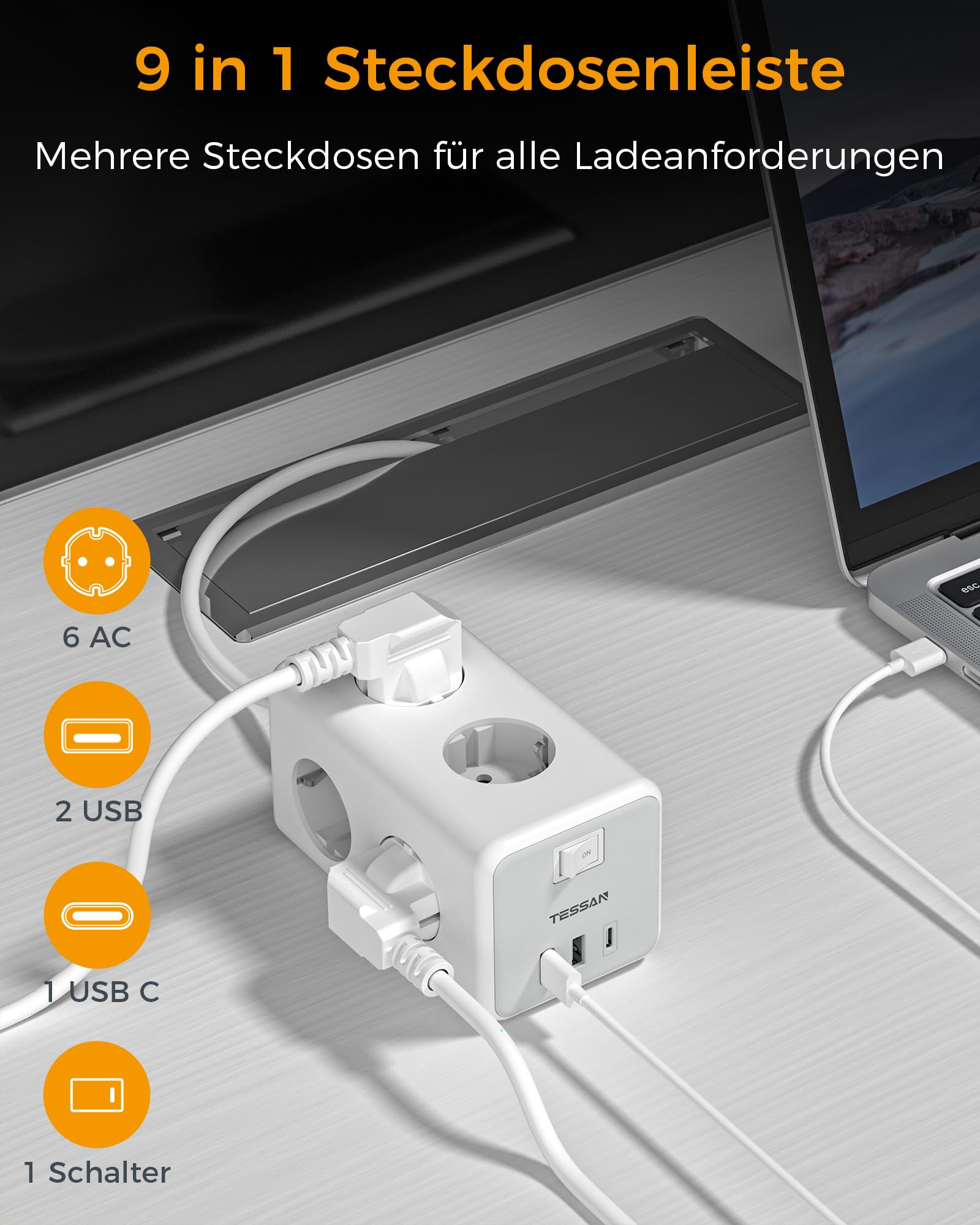 TESSAN 6 Fach Mehrfachsteckdose mit USB C, Verlängerungskabel 5M Verteilersteckdose, Steckdosenleiste mit 3 USB, 9 in 1 Steckerleiste mit Schalter, Steckdosenwürfel Wandmontage, Mehrfachstecker 3600W 2
