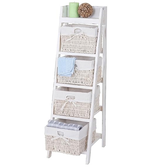 Mendler Leiterregal Goiana, Regal Standregal mit 4 Korbschubladen 101x30cm, Shabby-Look, Vintage ~ weiß
