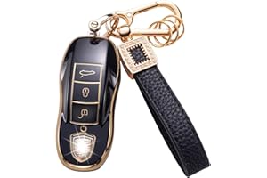 CACARLIKE for Porsche Key Fob Cover with Leather Lanyard, Car Key Fob Case Compatible with Porsche Macan Cayenne Panamera 911 Boxster Cayman 718 Smart Key Protector Holder