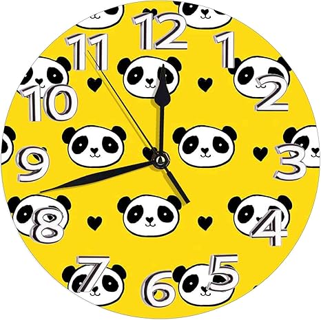 Amazon 掛時計 壁掛け時計 アナログ クロック インテリア 円形 静音 可愛い パンダのクマの頭と黄色の背景に小さなハートのアイコンを笑顔 連続秒針 デジタル ウォールクロック おしゃれ デジタル時計 直径25cm 置き時計 掛け時計 オンライン通販