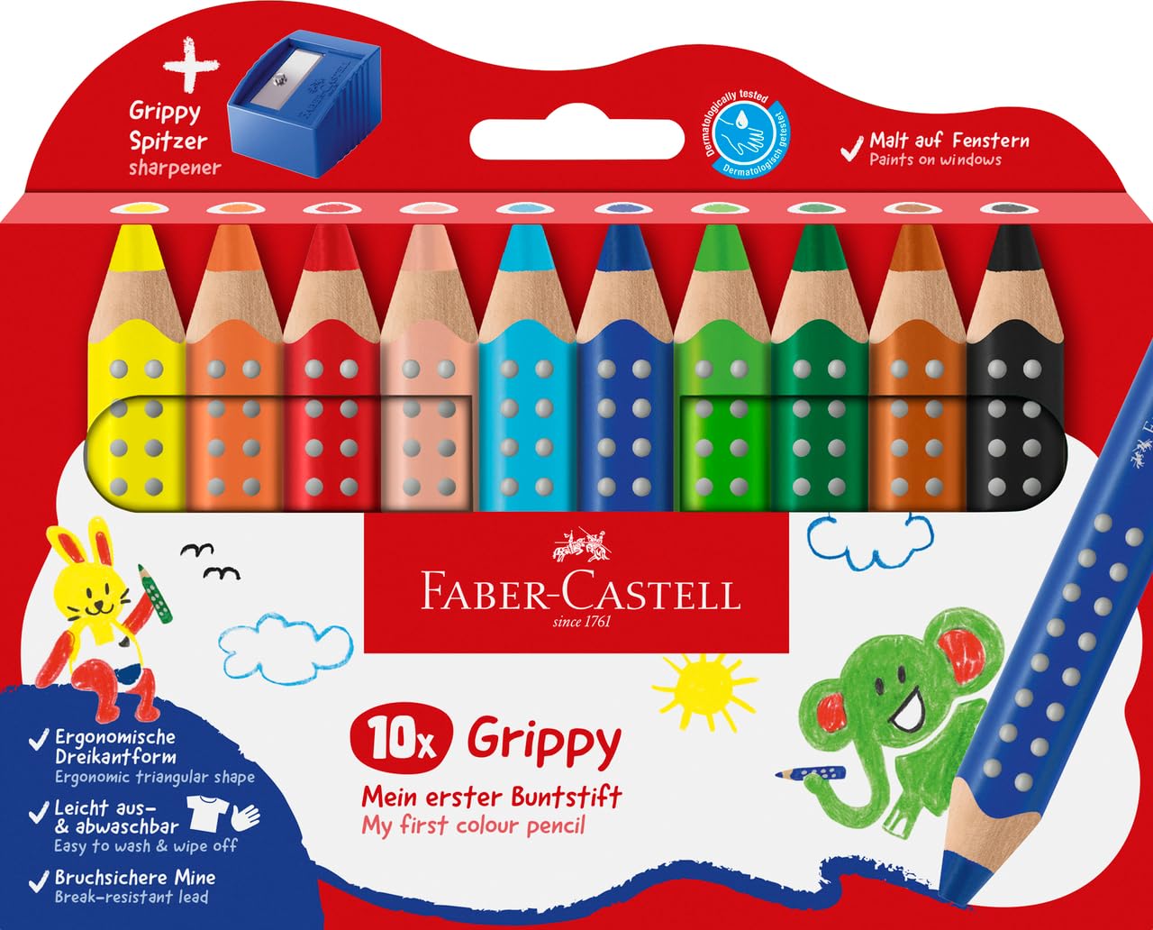 Faber-Castell Grippy 110636 Set of 10 Jumbo Colouring Pencils for Toddlers Easy Wipe Clean Ergonomic Triangle Shape Thick Colouring Pencils 10 mm Thick Lead Sharpener Included