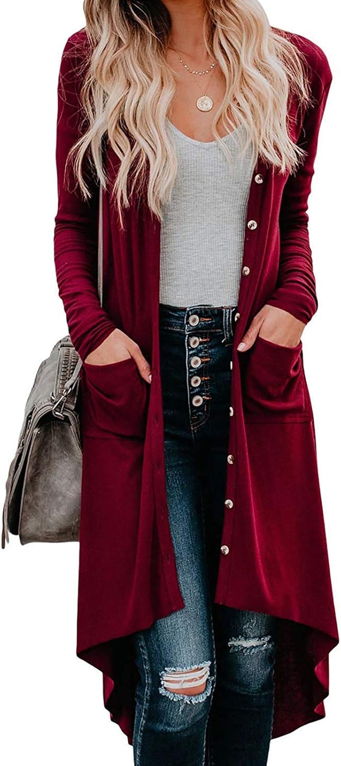 Bibowa Womens Long Lounge Sweater Drape Open Asymmetrical Cardigan with Pockets