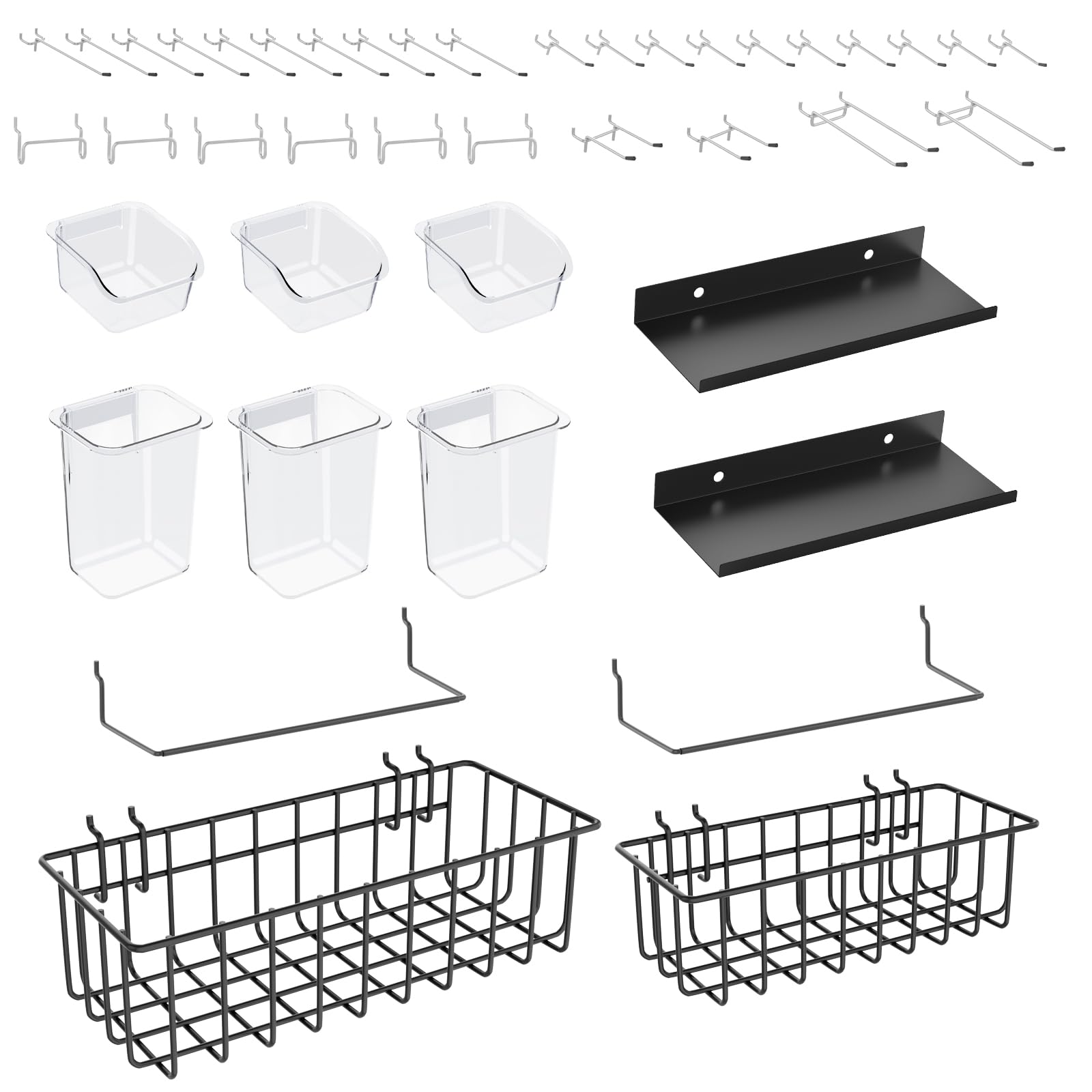 Photo 1 of Daanxw Peg Board Accessories Kit,Pegboard Hooks Assortment with Bins,Cups,Wire Baskets,Paper Towel Holder Can be Used for Pegboard Garage Workbench Craft Room Organizing Tools (Transparent Cup+Box)