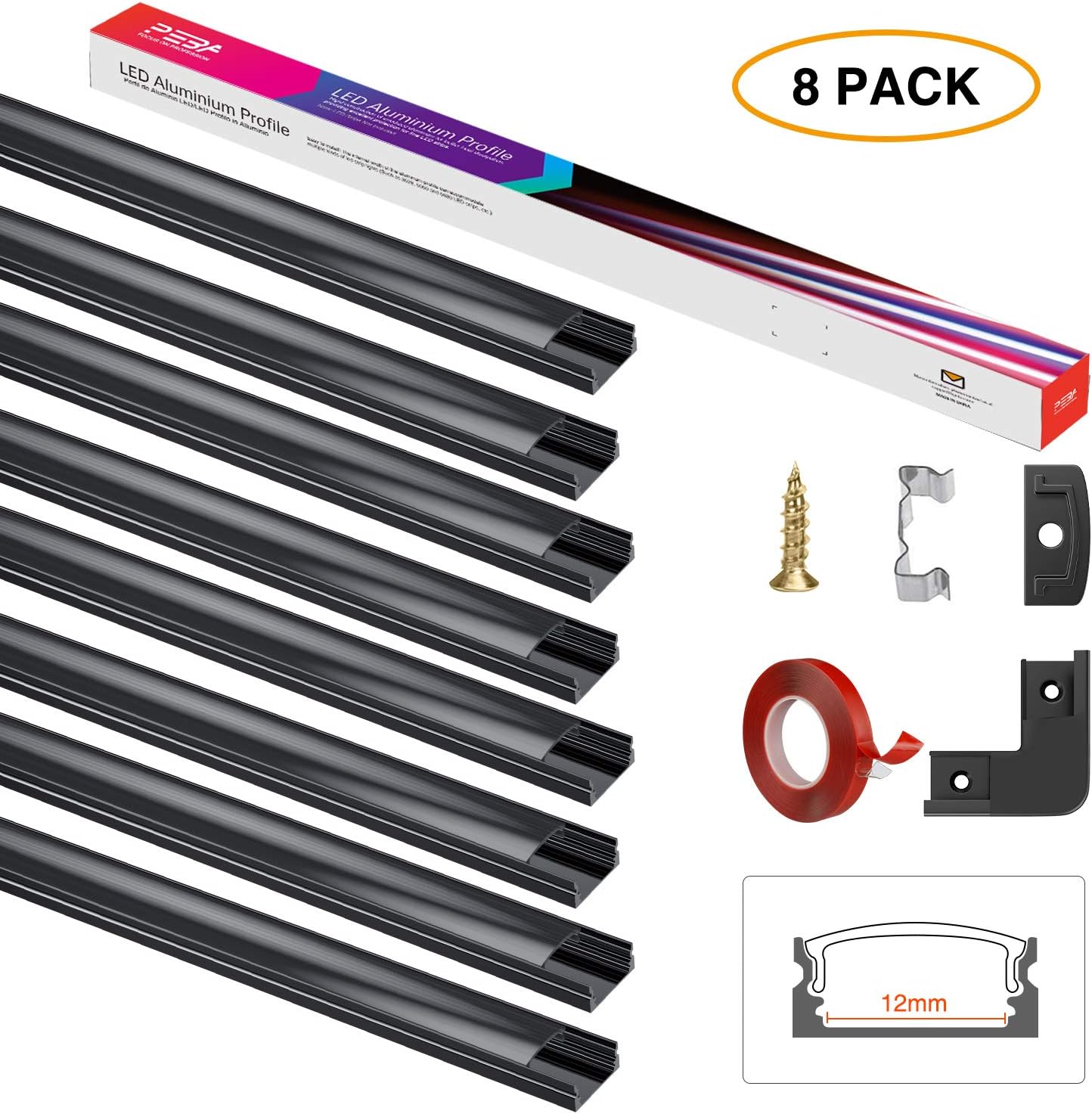 Aluminium Profile For Led Strip Light Extruded Led Aluminum Channel U Shape 8 Pack 1m 3 3ft With Diffuser Cover 3m Adhesive Mounting Clips End Covers Lighting In Stairway Corner Showcase Peba Black Raw Materials Metals