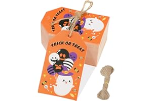 50 Pcs Happy Halloween Tags with String - Halloween Ghost Pumpkin Cat Bat Spider Boo Gift Tag Trick Or Treat Favor Tags Happy
