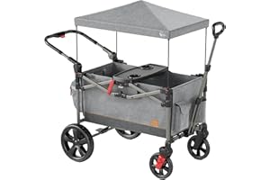Busy Bee Foldable Wagon Stroller for 2 Kids, Push Pull Collapsible Kids Wagon with Adjustable Handle Bar, Removable Canopy, 5-Point Harness, Shock-Absorbing Wheels, Grey