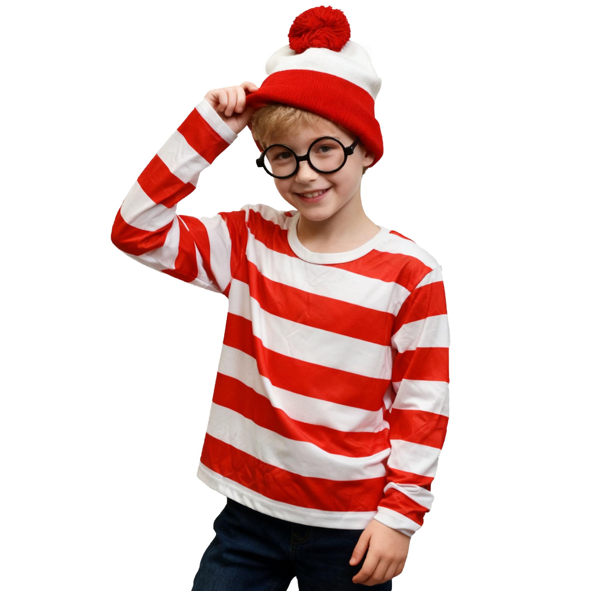 Photo 1 of FechDitchly Kids Halloween Costumes, Red and White Striped Long Sleeve Shirts Glasses Hat Set for Costume Cosplay (Xs)
