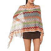 ZAFUL Women's Swimwear Cover Up Fringe Beach Poncho Colorful Wave Zigzag Pullover Shawl Boho Ethnic Swimwear Coverup