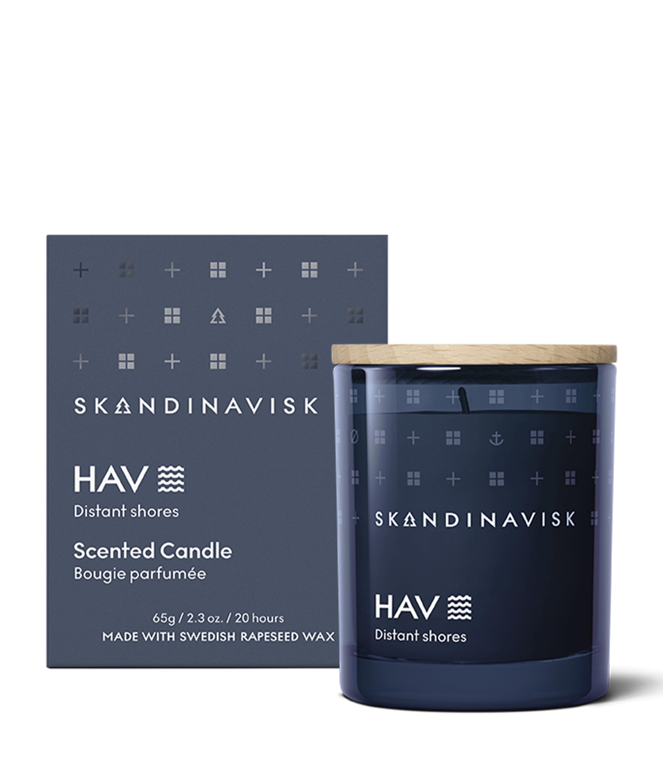 Skandinavisk HAV 'Sea' Mini Scented Candle. Fragrance Notes: Salt Spray and Sea Kelp, Hawthorn and Beach Rose. 65 g.