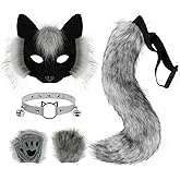 HAOAN Faux Fur Half Face Mask Paw Gloves Wolf Fox Tail and Leather Necklace Set Costume for Halloween Cosplay Party