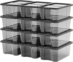 SONGMICS Cajas de Zapatos con Tapas, Juego de 12, Organizador de Zapatos Transparente Apilable, Contenedor Versátil para Zapatos y Artesanías, hasta Talla 41, Negro Transparente LSP12BK 