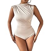 Milumia Women's Ruched Tank Top Sleeveless Mock Neck Bodysuit Fitted Jumpsuit Tops
