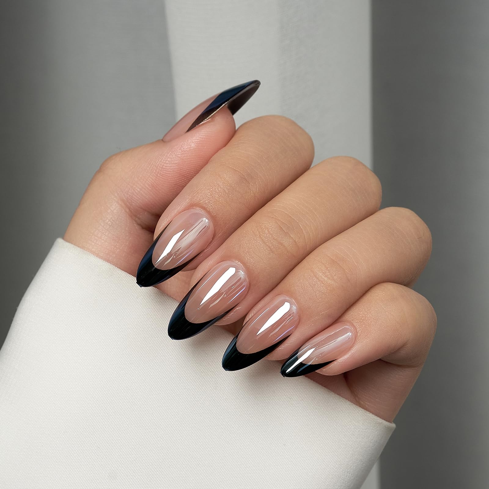 BTArtbox French Tip Press On Nails - Short Almond Press on Nails, Glue On Nails for Gift, Natural Reusable Stick On Nails in 15 Sizes - 30 Fake Nails Kit, Black Swan - Image 2