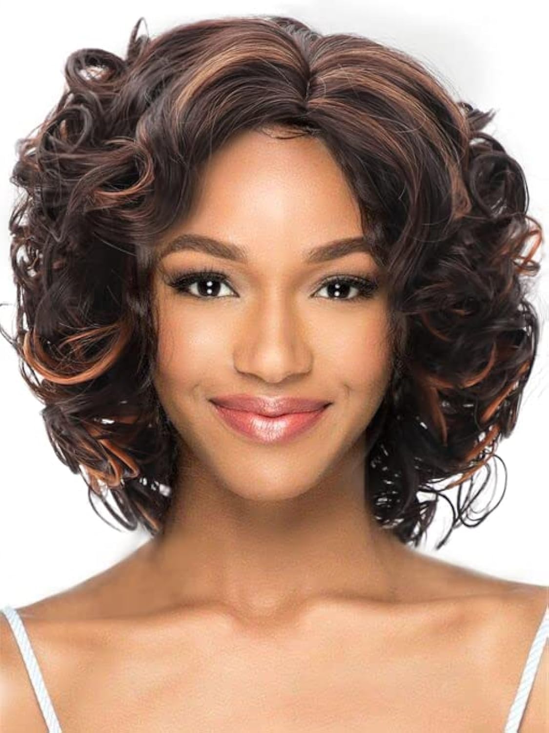 Photo 1 of SEVENCOLORS Wigs for Black Women Afro Short Curly Bob Wigs Synthetic Hair African American Wig Natural Looking Glueless Big Curly Wigs(Brown Mixed Blonde)
