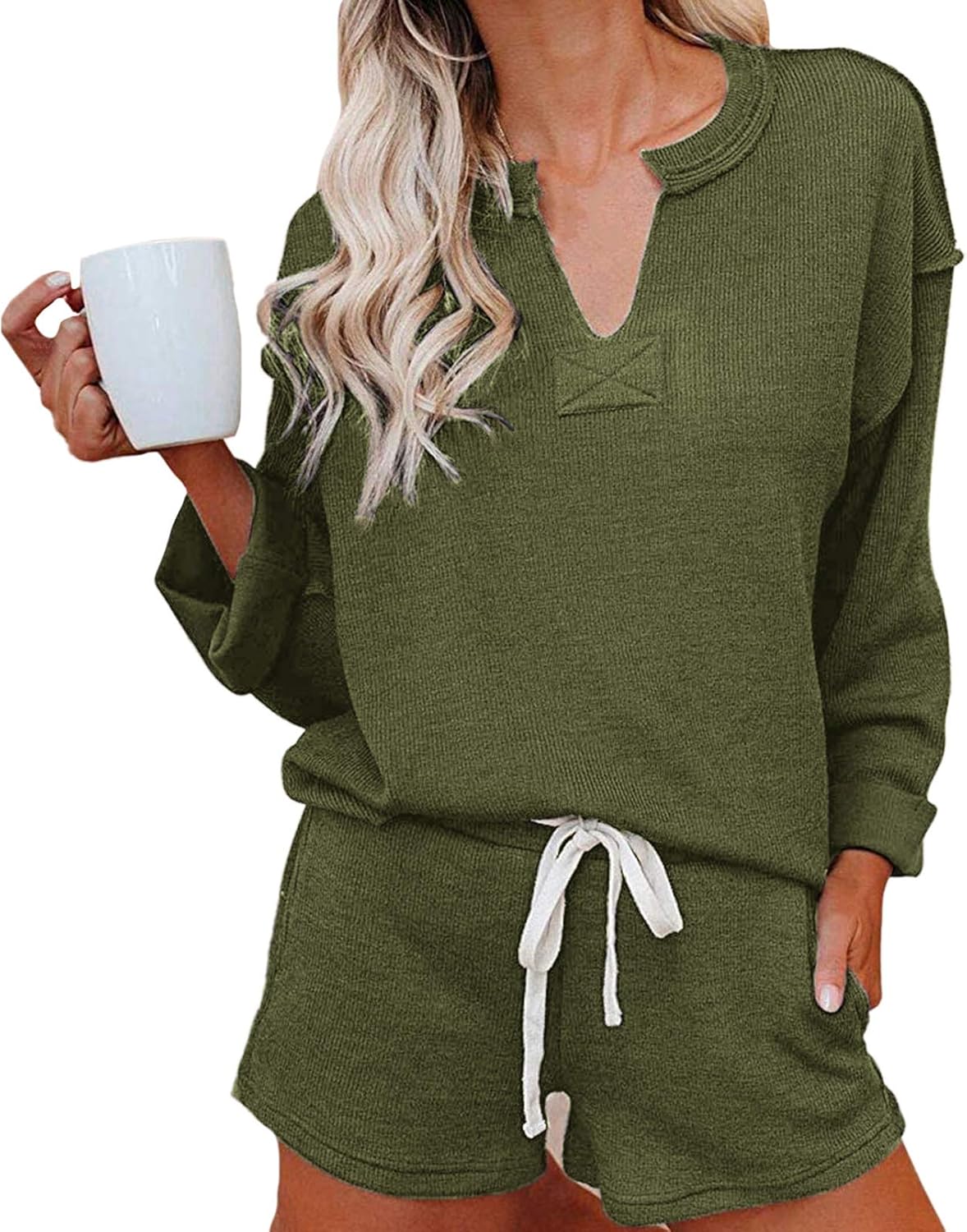 Women's 2 Piece Loungewear Set Long Sleeve V Neck Pullover Top and